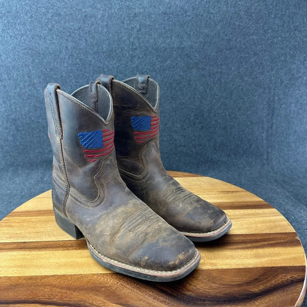 Ariat Kids Patriot Western Boot Brown Leather 10034408 Flag Embroidered Sz 2
